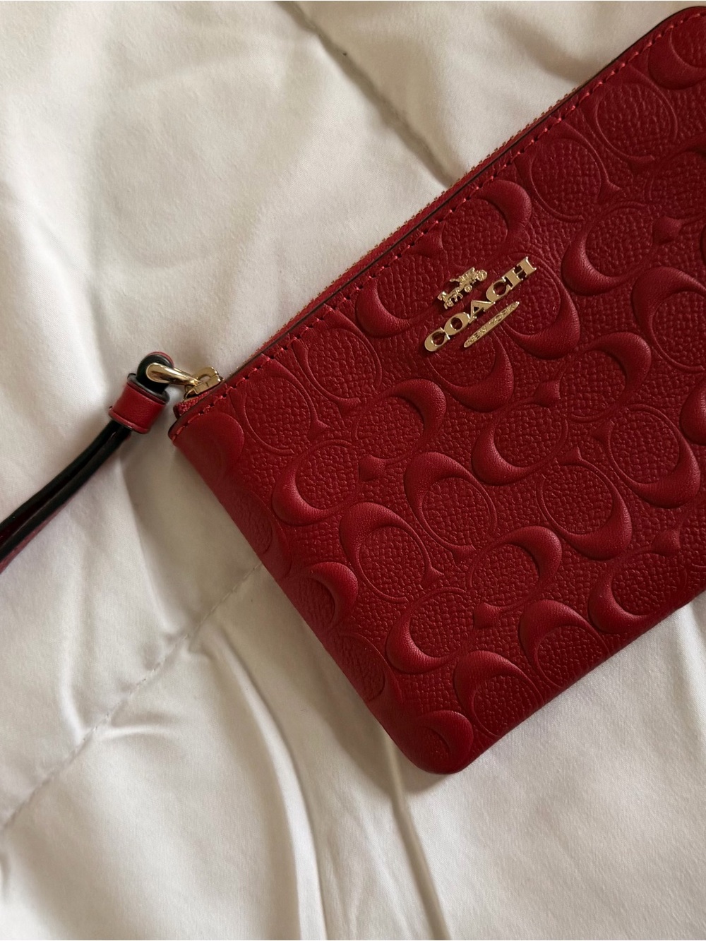 Coach Red Embossed Signature Wristlet with Gold Logo